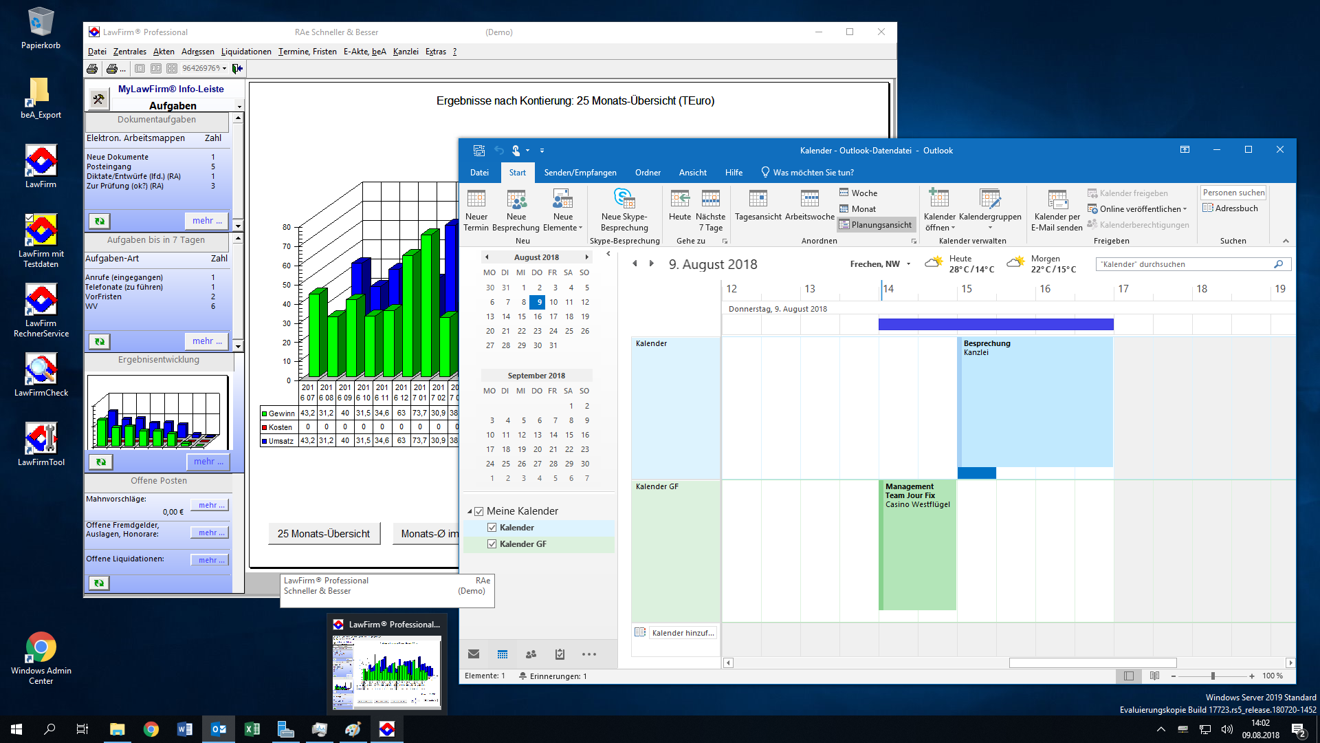 LawFirm® + Outlook 2019: Kalender unter Windows Server 2019, Planungsansicht, mehrere Kalender