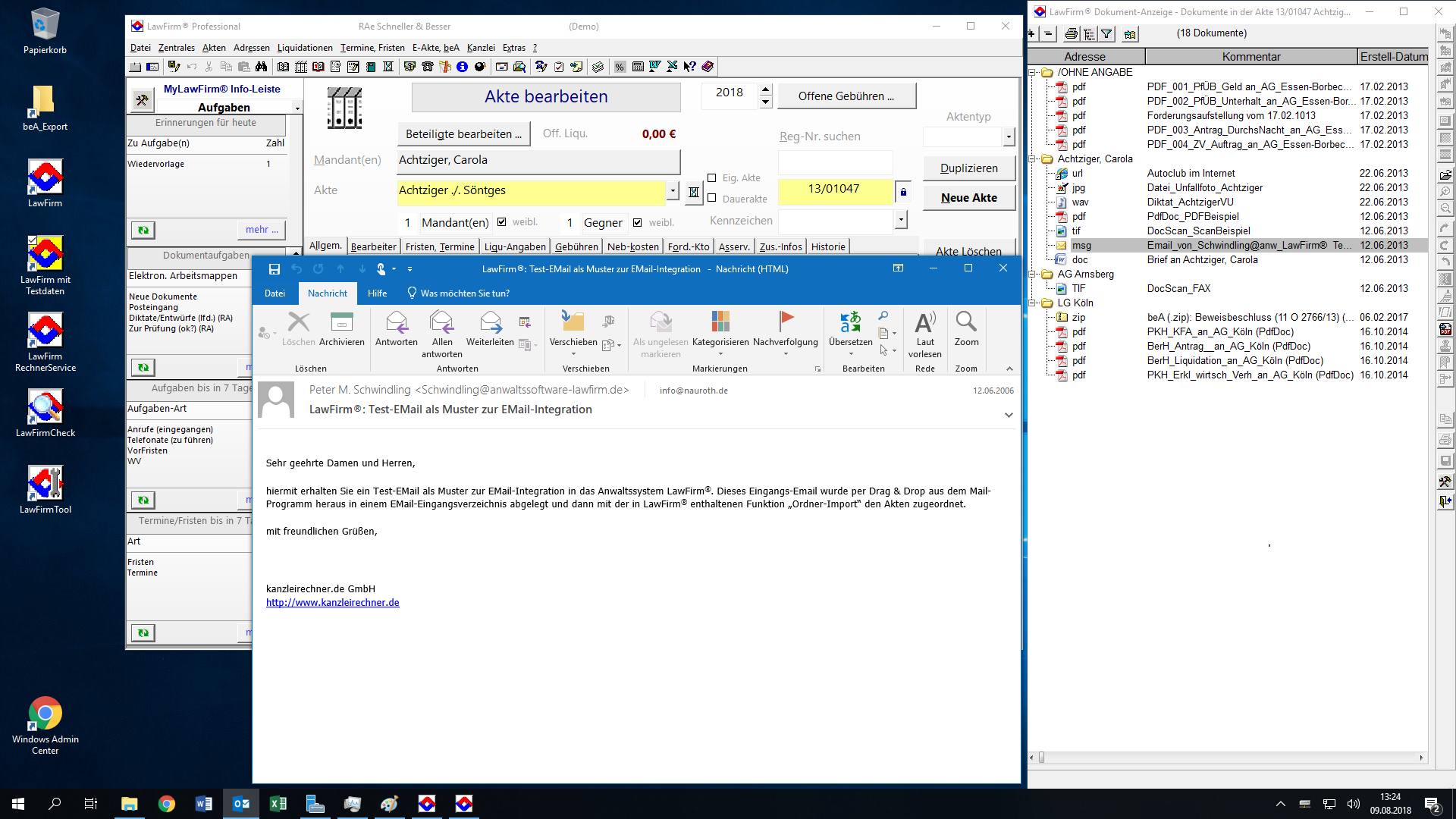 LawFirm® - Digitale Akte: Technik-Test unter Windows Server 2019 zur Outlook 2019 - E-Mail Integration